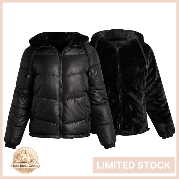 Reversible Quilted Parka Puffer Coat Faux Fur Lined Heavyweight Winter Jacket